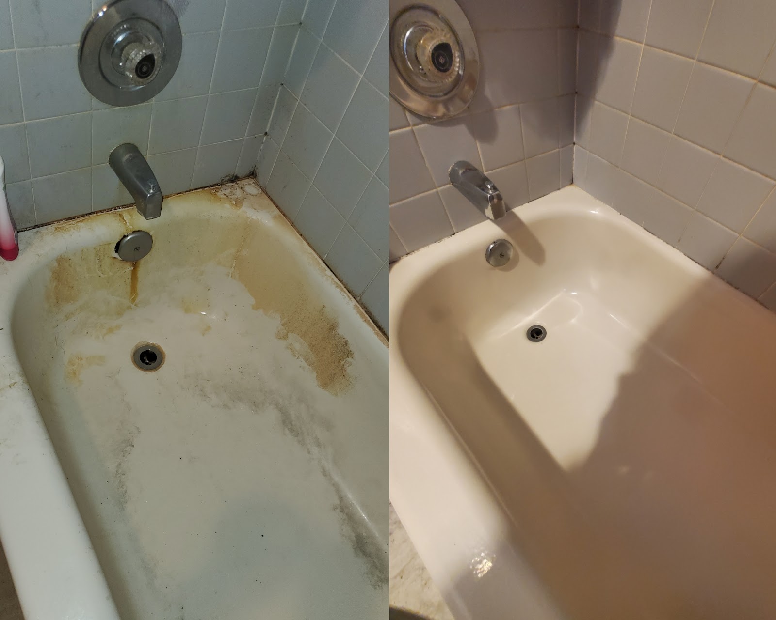 Before and after bathtub stain removal in an Idaho home