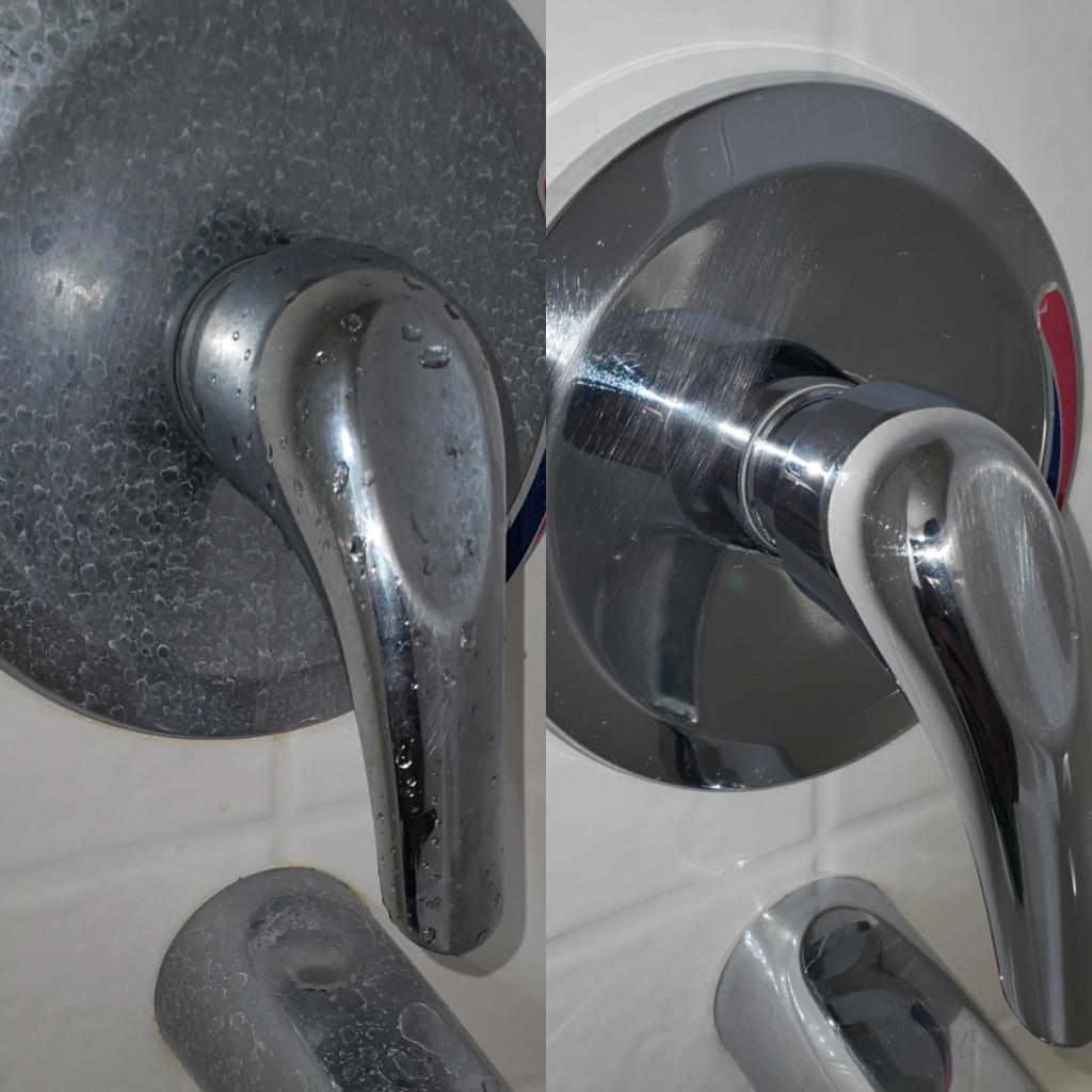 Before and after shower faucet hard water cleaning in Idaho
