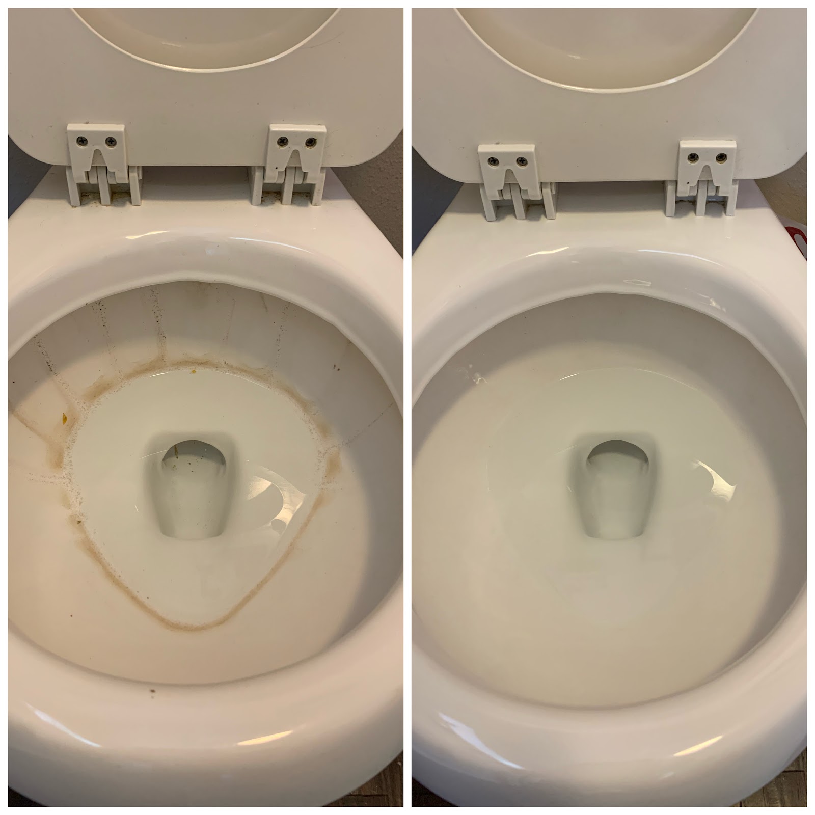 Before and after hard water mineral ring removal from a toilet by Sophisticated Cleaners in Idaho