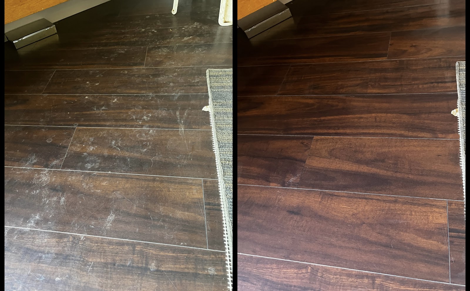 Before and after wood floor cleaning by Sophisticated Cleaners