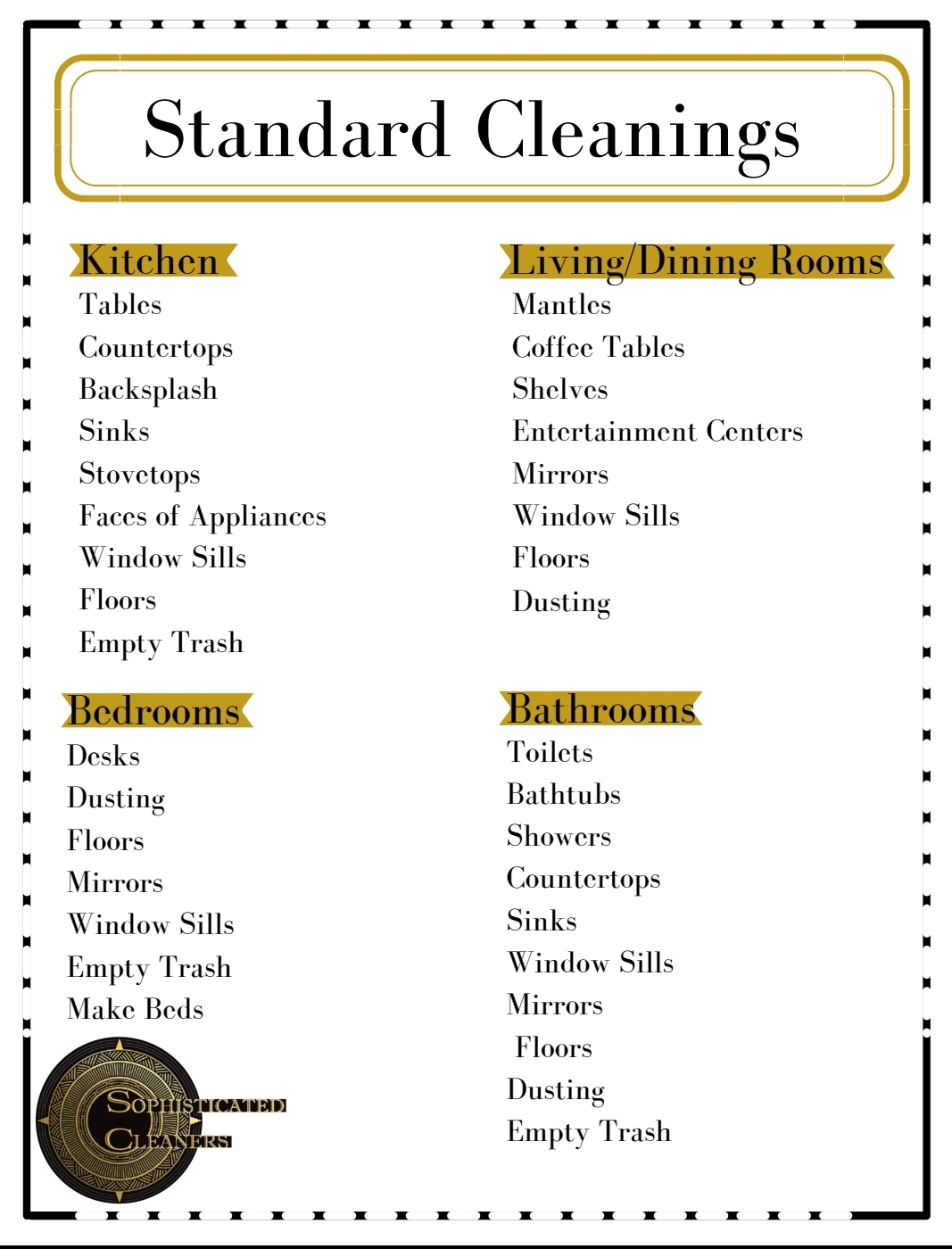 Sophisticated Cleaners standard cleaning checklist covering kitchen, bathrooms, bedrooms and living areas