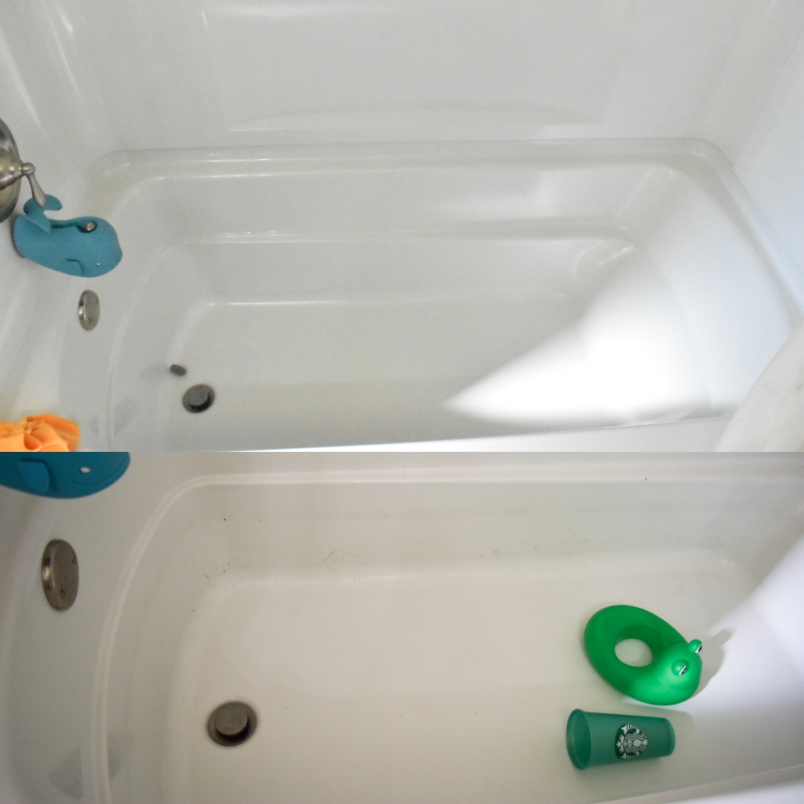 Clean white bathtub and shower surround after cleaning by Sophisticated Cleaners