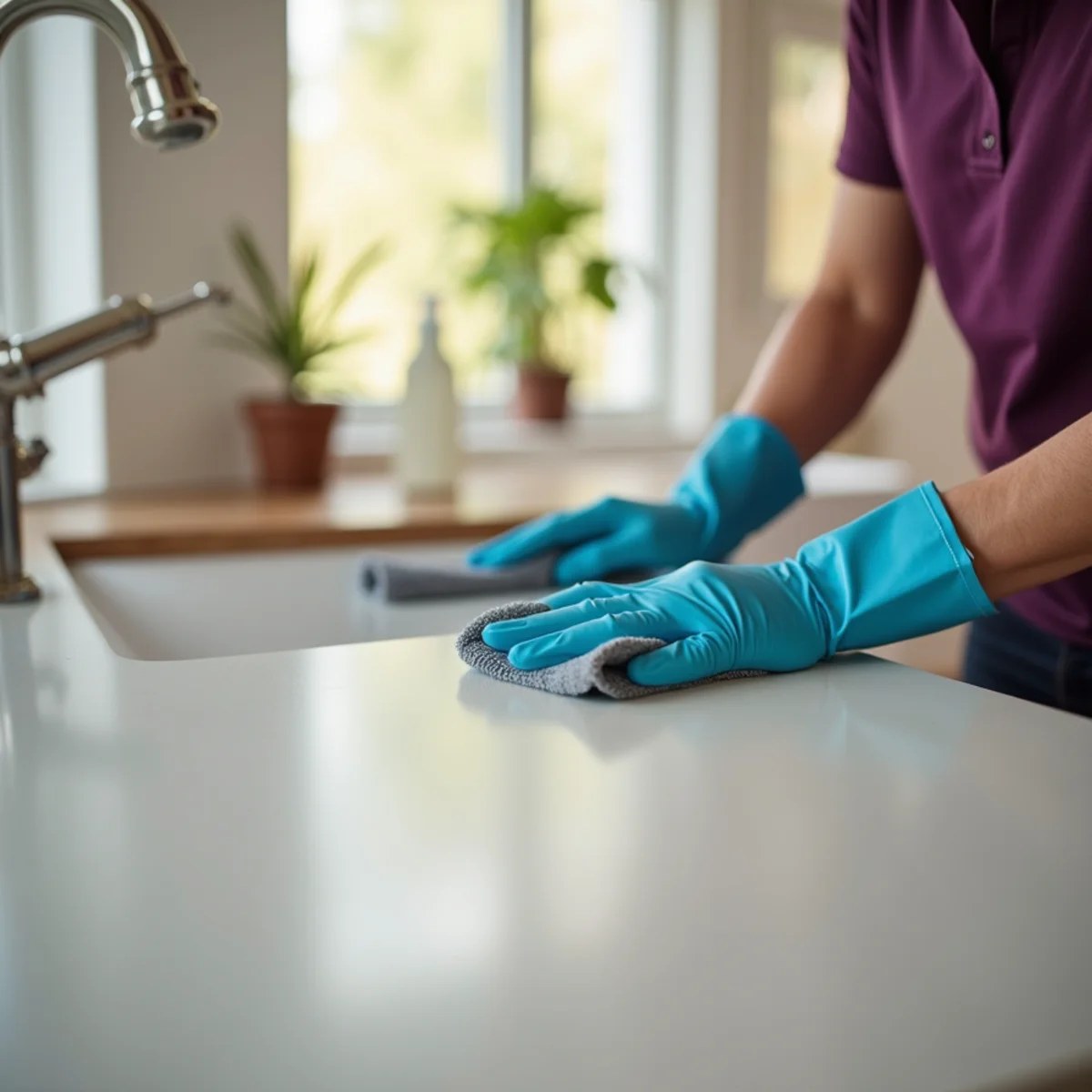 A Sophisticated Cleaners professional detailing a kitchen surface in a bright Idaho home