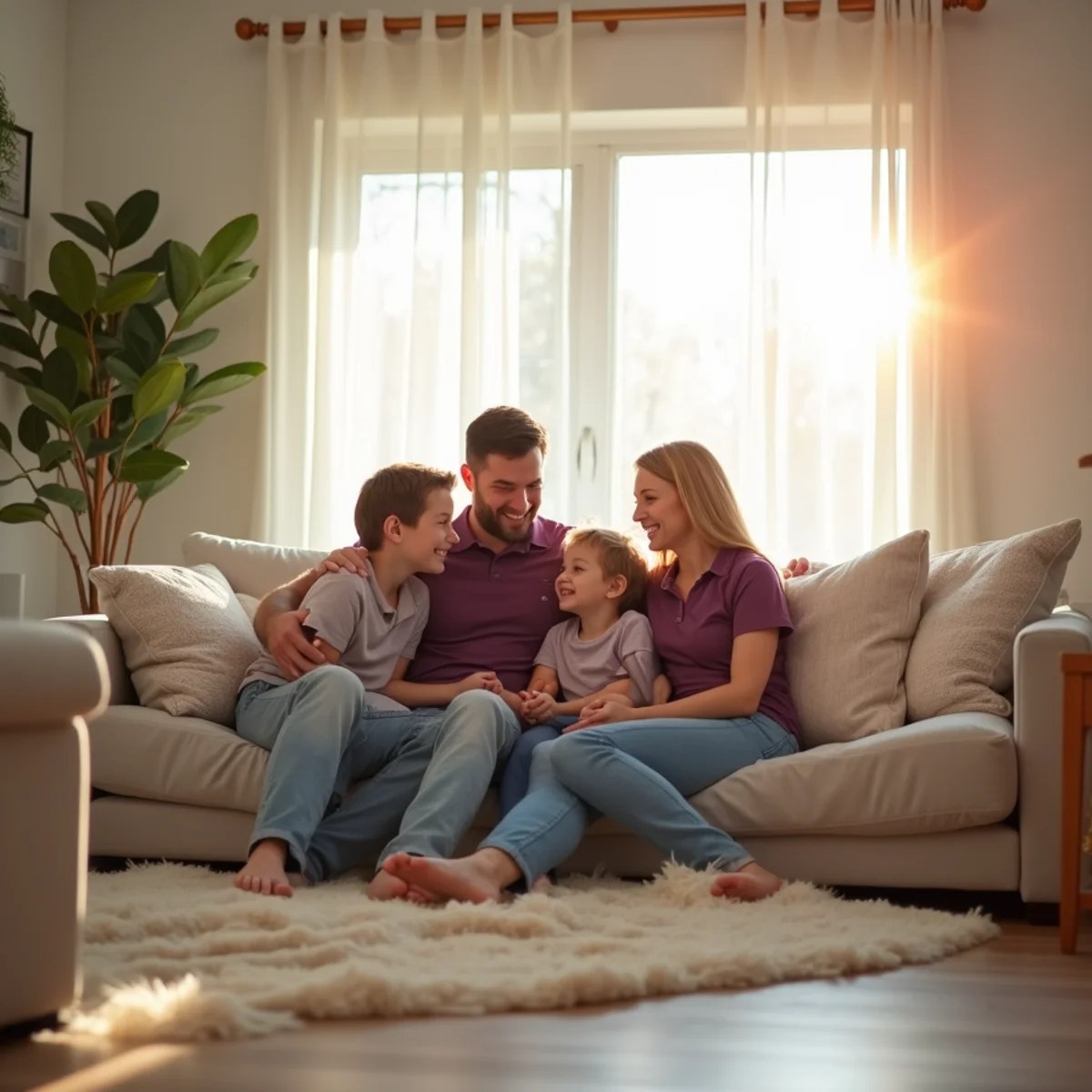 A busy Idaho family relaxing in a freshly cleaned, bright living room