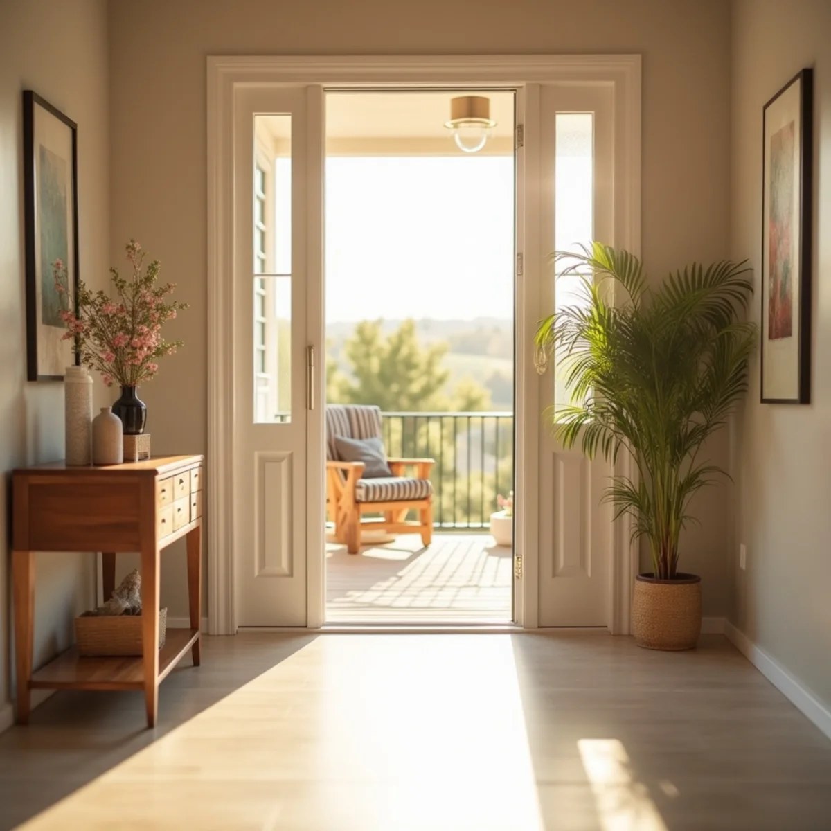 A calm, freshly cleaned Idaho home entryway with fresh flowers